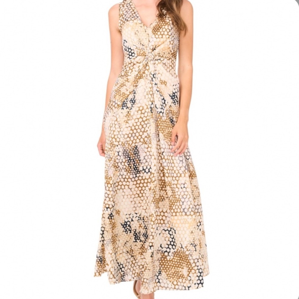 1.STATE Maxi Dress Women S NEW Brown Taupe Dot Twist Front V-Neck MSRP $129